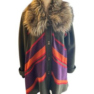 Cartonnier Multicolor swing coat with Fur Collar